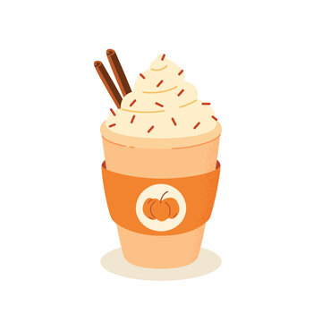 Hot pumpkin spiced latte in a disposable cup garnished with a whipped cream lid