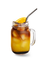 Mason jar of tasty coffee with orange juice on white background