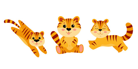 Cute tiger cub Symbol of the new year. Year of the tiger. Ginger tabby kitten. Vector illustration isolated on white background.