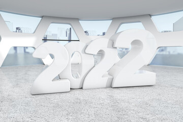 White New 2022 Year Sign in Abstract Bright Office Meeting Room. 3d Rendering