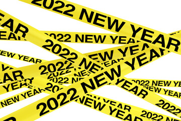 Caution Yellow Tape Strips with 2022 New Year Sign. 3d Rendering