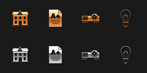 Set School building, Exam sheet with A plus grade, Movie, film, media projector and Light bulb idea icon. Vector