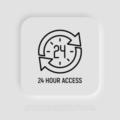 24 hour access thin line icon, clock in arrows. Modern vector illustration of day and night service.