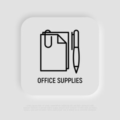 Office supplies, paper, pen and clip. Modern vector illustration of stationery.