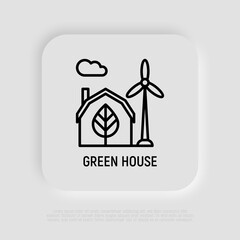 Green house and windmills thin line icon. Modern vector illustration.
