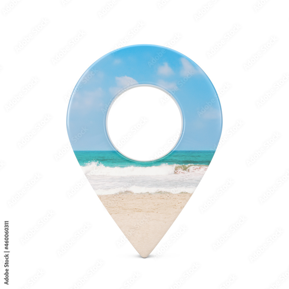 Poster map pointer pin with ocean or sea coast view. 3d rendering