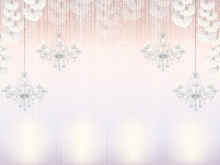 Beautiful wedding background. Birthday background. Background for wedding decoration. Background with crystal chandeliers and candles. Delicate lilac background.