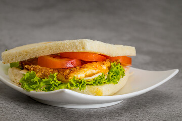 Close up Sandwich fried egg with cheese and vegetable on white plate.