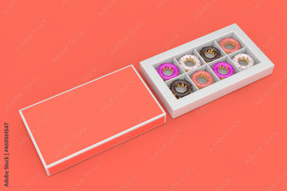 Poster Set of Big Glazed Donuts in Pink Paper Box with Free Space for Your Design. 3d Rendering