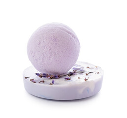 Lavender bath bomb and soap on white background