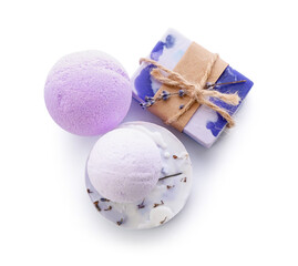 Lavender bath bombs and soap on white background