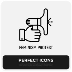 Feminism protest, hand with bullhorn thin line icon. Modern vector illustration.