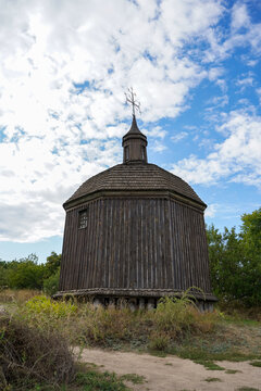 Ukraine, Vitachiv - September 5, 2021: Old wooden church of the Ukrainian spiritual republic. The place of power of the Trypillian culture.