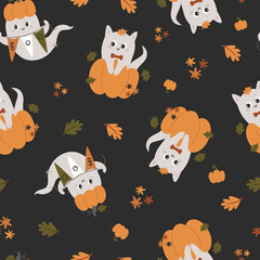 Halloween seamless pattern with cute ghosts.