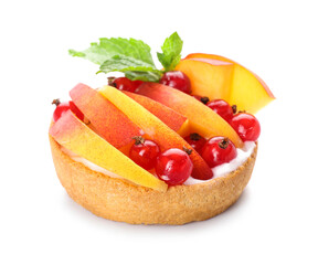 Tasty tart with fruits and berries on white background