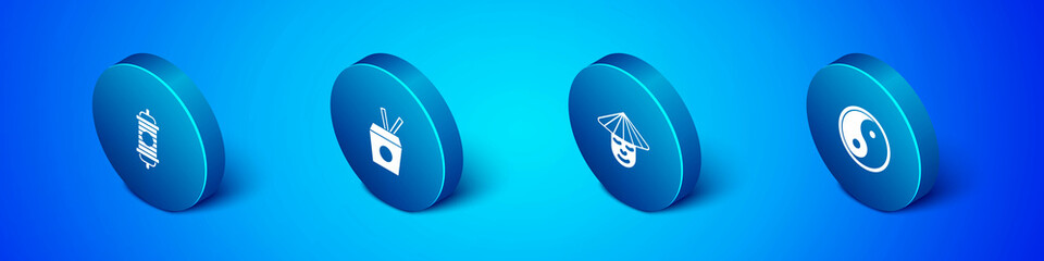 Set Isometric Chinese paper lantern, man, Yin Yang and Noodles box and chopsticks icon. Vector