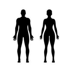 Black silhouette of young woman and man. Perfect figure of person. Pictogram female and male. Glyph ideal figure. Vector illustration flat design. Isolated on white background. Caucasian sportswoman.
