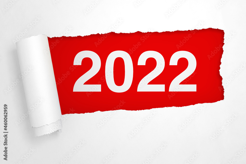 Poster 2022 New Year Sign in the Hole of Torn White Paper. 3d Rendering