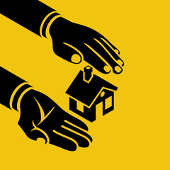 Property insurance template landing page. Concept security, providing protection home from danger. Black icon silhouette hand and home. Vector illustration isometric 3d design.