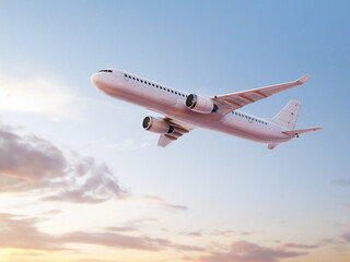 Commercial airplane flying above pink-blue clouds in evening light. 3d render. 