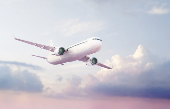 Passenger airplane flying above white-blue clouds at colorful sky. 3d render. 