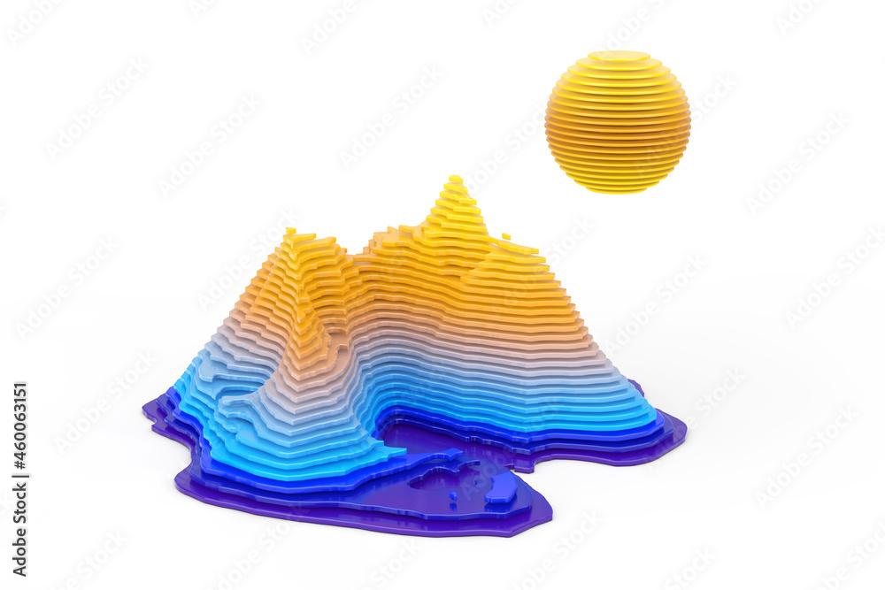Poster abstract landscape topologic layers cut style scene with sun, mount and sea. 3d rendering