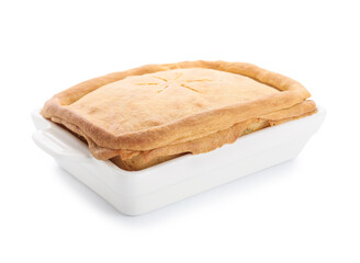 Baking dish with tasty mushroom pot pie on white background