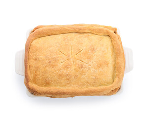 Baking dish with tasty mushroom pot pie on white background
