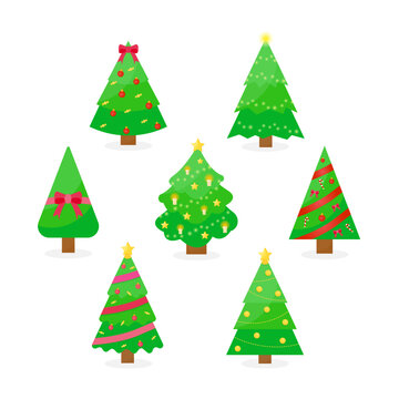 This is a set of Christmas trees with decorations isolated on a white background.