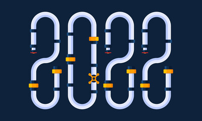 Happy New Year 2022 greeting card with Cartoon Water pipe industrial Font with Plumbing service flat illustrations.