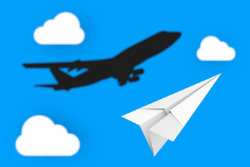 Dreams to Fly. White Origami Paper Airplane with Shadow of Jet Passengers Airplane on a cloudy sky. 3d Rendering