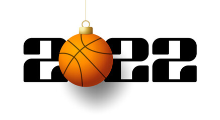2022 Happy New Year. Sports greeting card with golden basketball ball on the luxury background. Vector illustration.