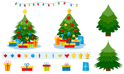 Set with Christmas tree with star, gift boxes, star, lights, decoration balls and lamps. Vector flat plane style illustration.