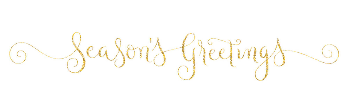 SEASON'S GREETINGS gold glitter vector brush calligraphy banner on white background