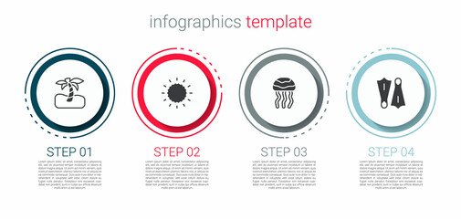 Set Tropical palm tree, Sun, Jellyfish and Rubber flippers for swimming. Business infographic template. Vector