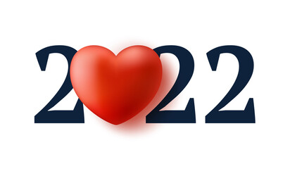 2022 love new year illustration. Happy new year 2022 with realistic Heart Text Design. 3d concept background. Vector illustration.