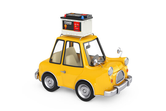 Rechargeable Car Battery 12V Accumulator with Abstract Label with Yellow Cartoon Car. 3d Rendering