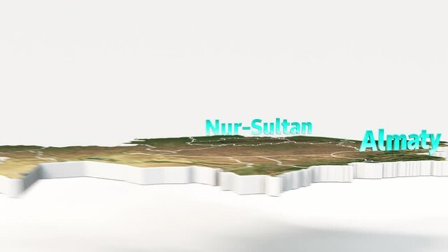 3d animation video of Geographic map of Kazakhstan with two main cities Almaty and Nur-Sultan