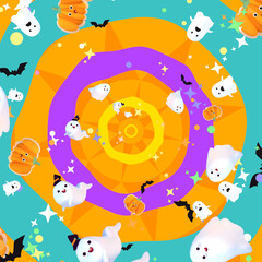 3d rendered cute Halloween ghosts, bats, pumpkins, and stars pattern.