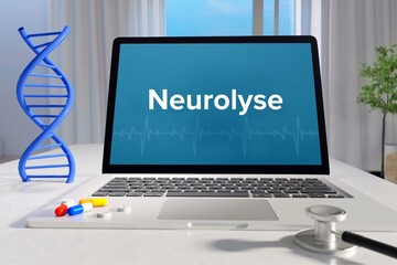 Neurolyse. Laptop mit Begriff/Text auf Monitor. Computer von Arzt im Büro. DNA und Stethoskop. Medizin, Gesundheitswesen