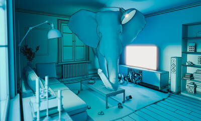 elephant inside a house. - obrazy, fototapety, plakaty