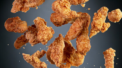 Freeze motion of flying pieces of fried chicken pieces