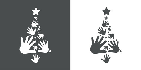 Logotipo árbol de navidad formado por manos, círculos y estrella en fondo gris y fondo blanco
