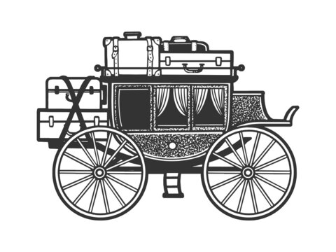 carriage with suitcases sketch engraving vector illustration. T-shirt apparel print design. Scratch board imitation. Black and white hand drawn image.