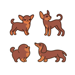 Dogs icon set. Dogs in various poses and action. Dachshund, spitz, chihuahua, toy terrier. Vector illustration for prints, clothing, packaging, stickers.