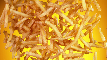 Freeze motion of flying french fries on golden background