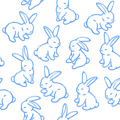 Simple seamless trendy animal pattern with illustration of rabbit. Cartoon contour vector illustration.