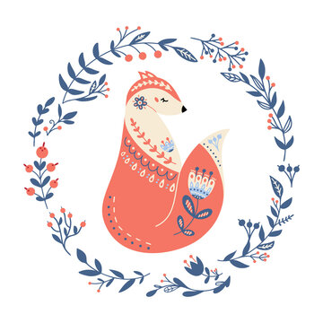 Fototapeta Vector fox in scandinavian style Folk forest animal