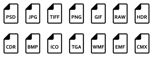 Image file formats icon. Set of line icons of different image formats. Image file icons. Vector illustration. - obrazy, fototapety, plakaty
