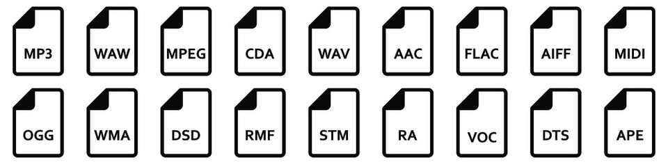 Audio file formats. Set of linear icons of different audio formats. Audio file icons. Vector illustration. - obrazy, fototapety, plakaty